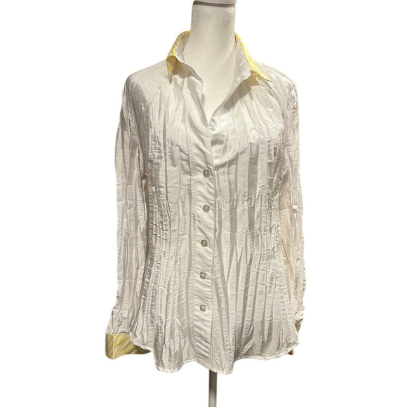 Beluva San Francisco Size Medium Yellow Stripe Crinkle Long Sleeve Blouse - Picture 2 of 6
